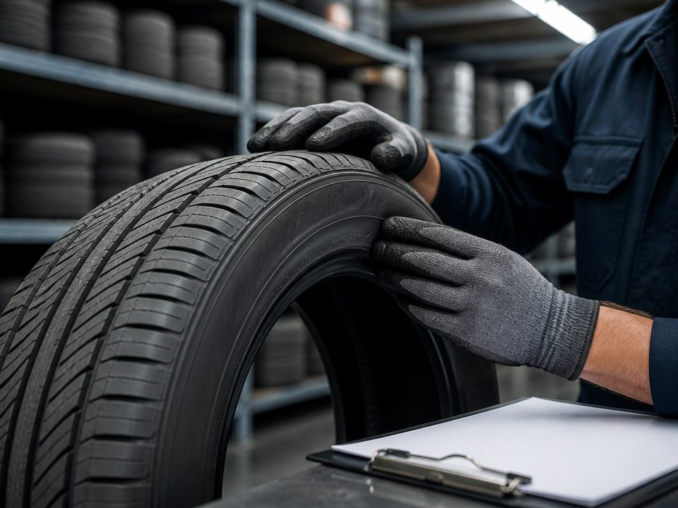 A tire professional inspecting tread and sidewall in the warehouse