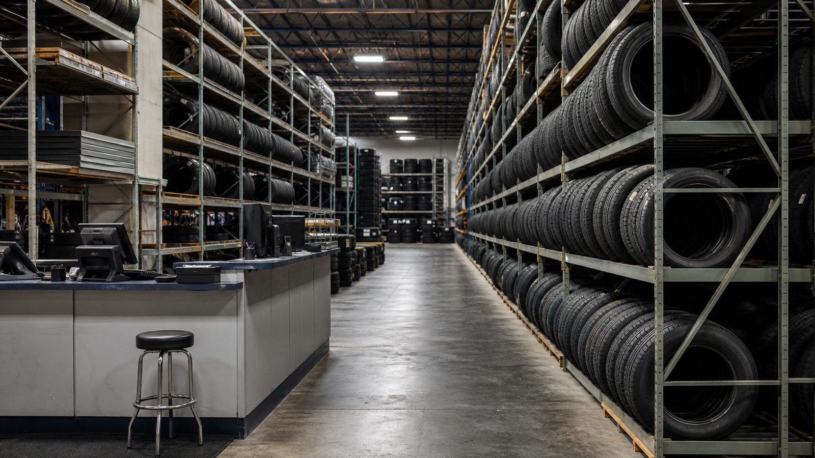 Toee Tire warehouse aisle with stacked passenger tires and a trade counter