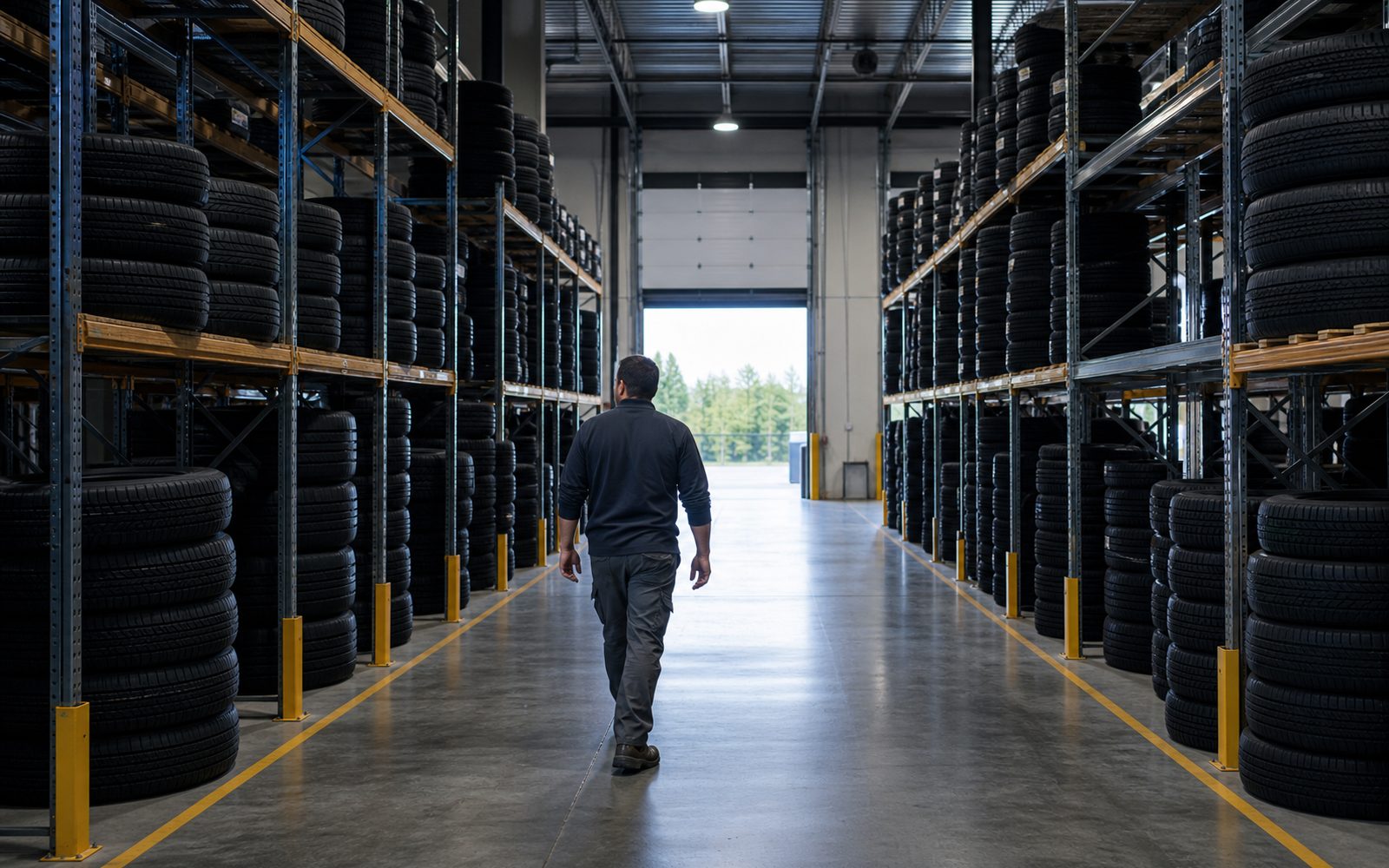 A dealer walking a Toee Tire warehouse aisle between racks of tires