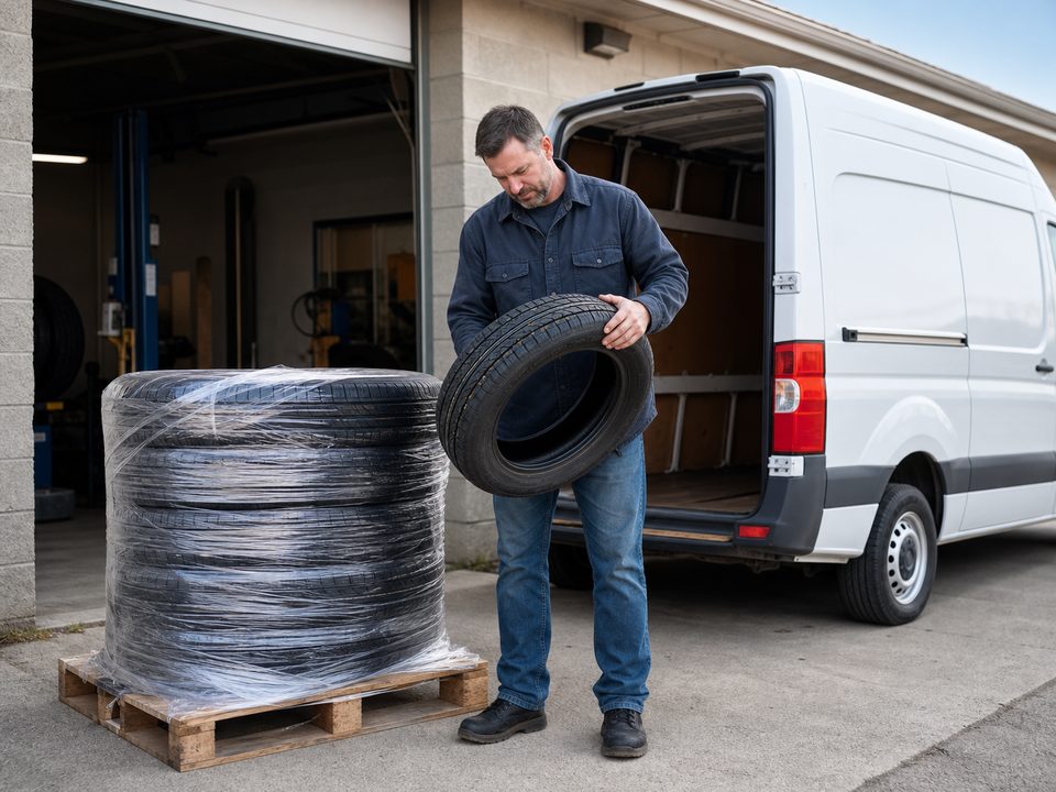 A dealer inspecting a new tire as a delivery arrives at a shop