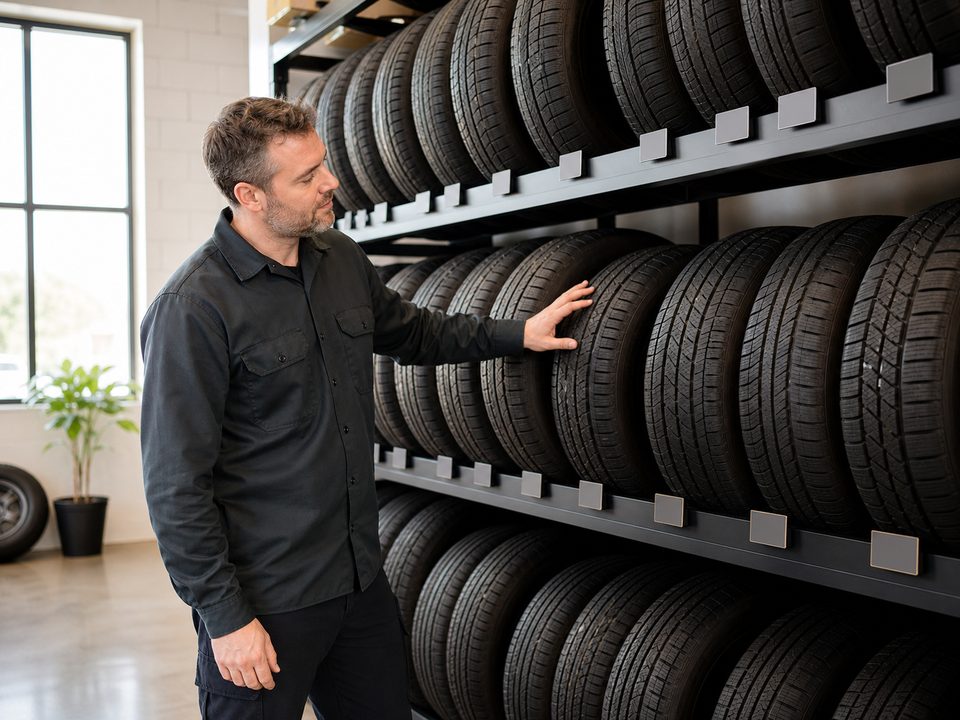 A shop owner choosing passenger tires from a showroom wall