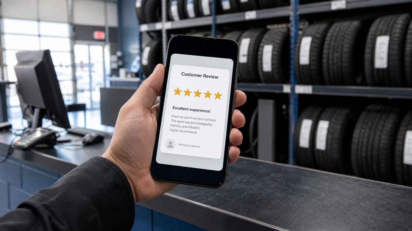 A dealer checking a five-star review on a phone in a Toee Tire warehouse