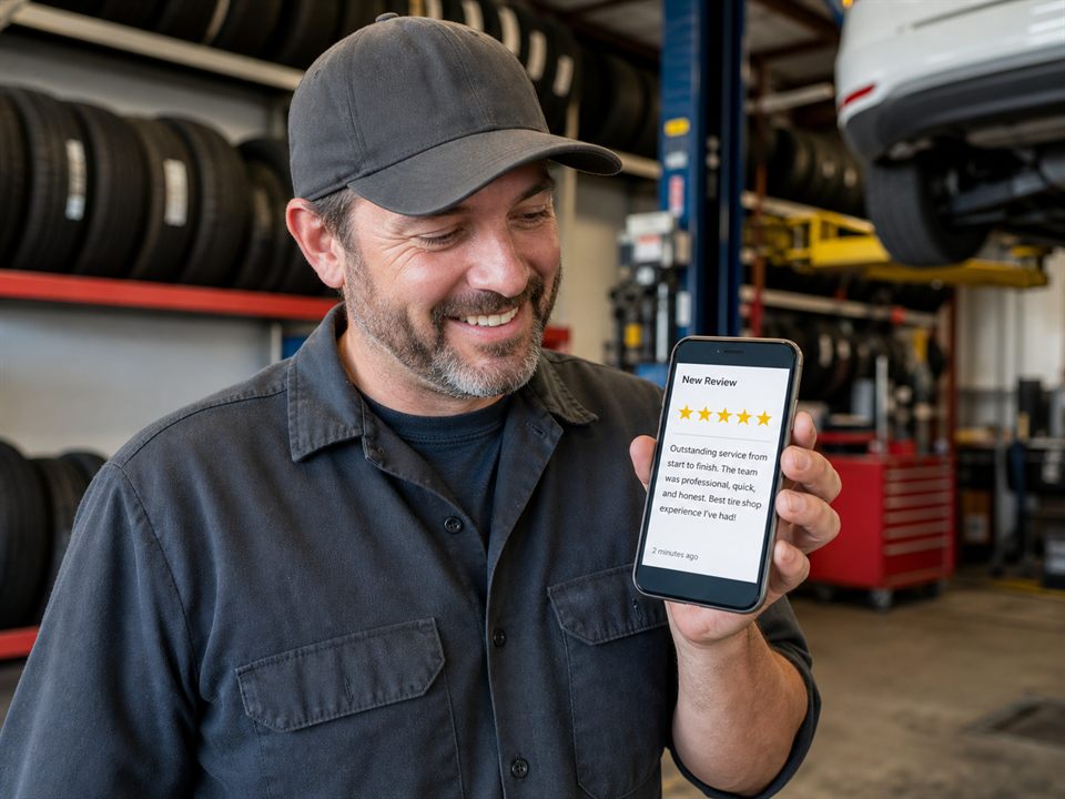 A dealer receiving a five-star review back for their shop