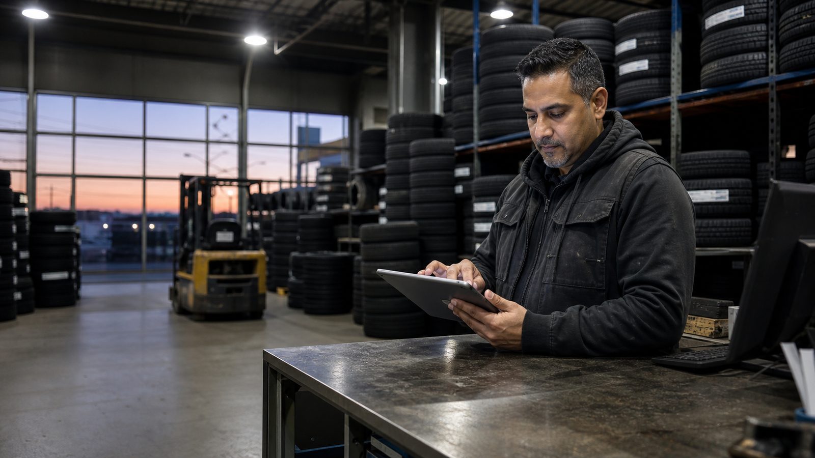 A shop owner applying for a trade account at the Toee Tire warehouse counter